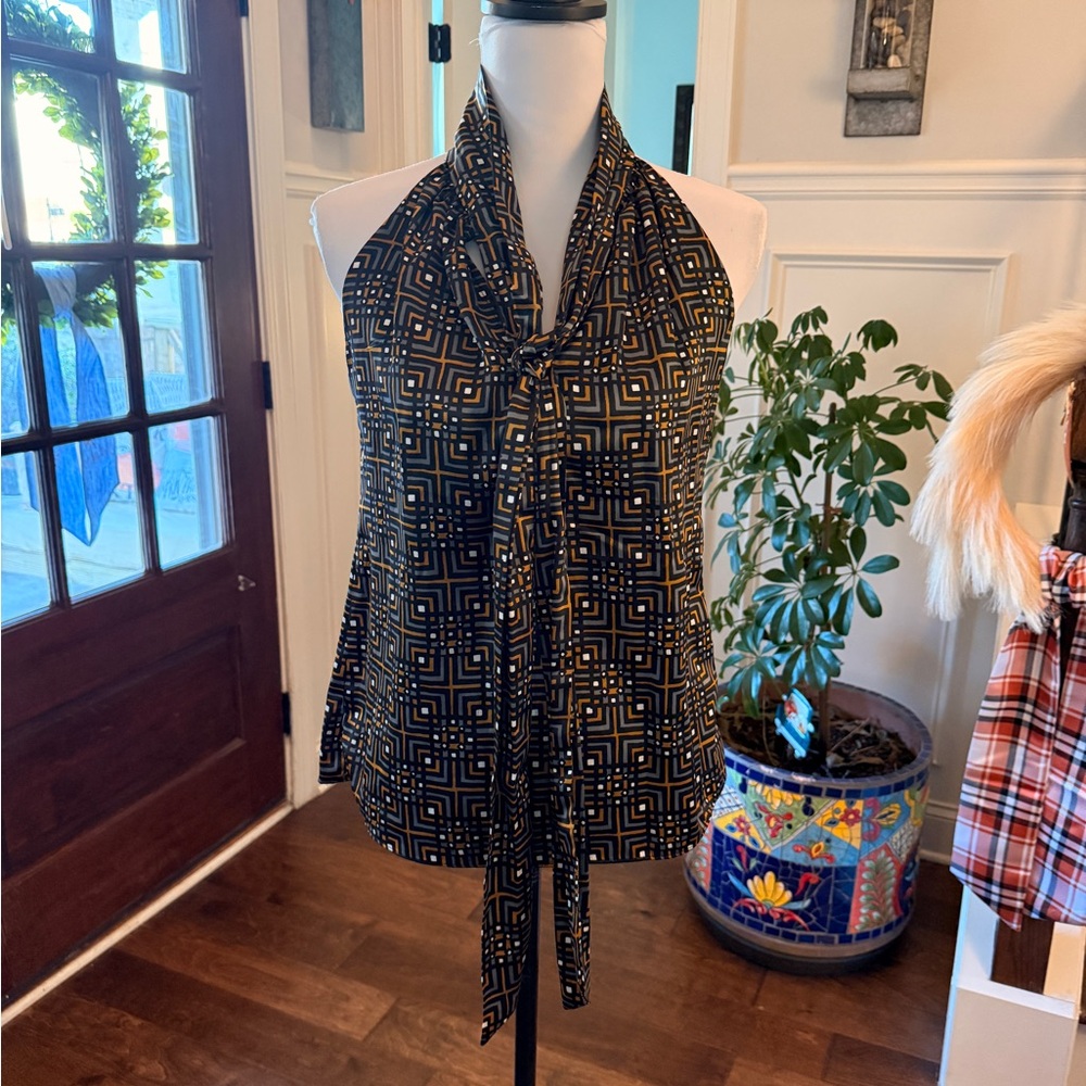Banana Republic NWOT Geometric Black and Gold Halter Tie Top